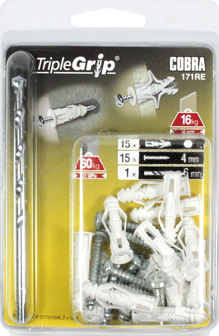 COBRA 171RE TRIPLE-GRIP 4MM WHITE (+ SCREWS + DRILL BIT) 15PCS