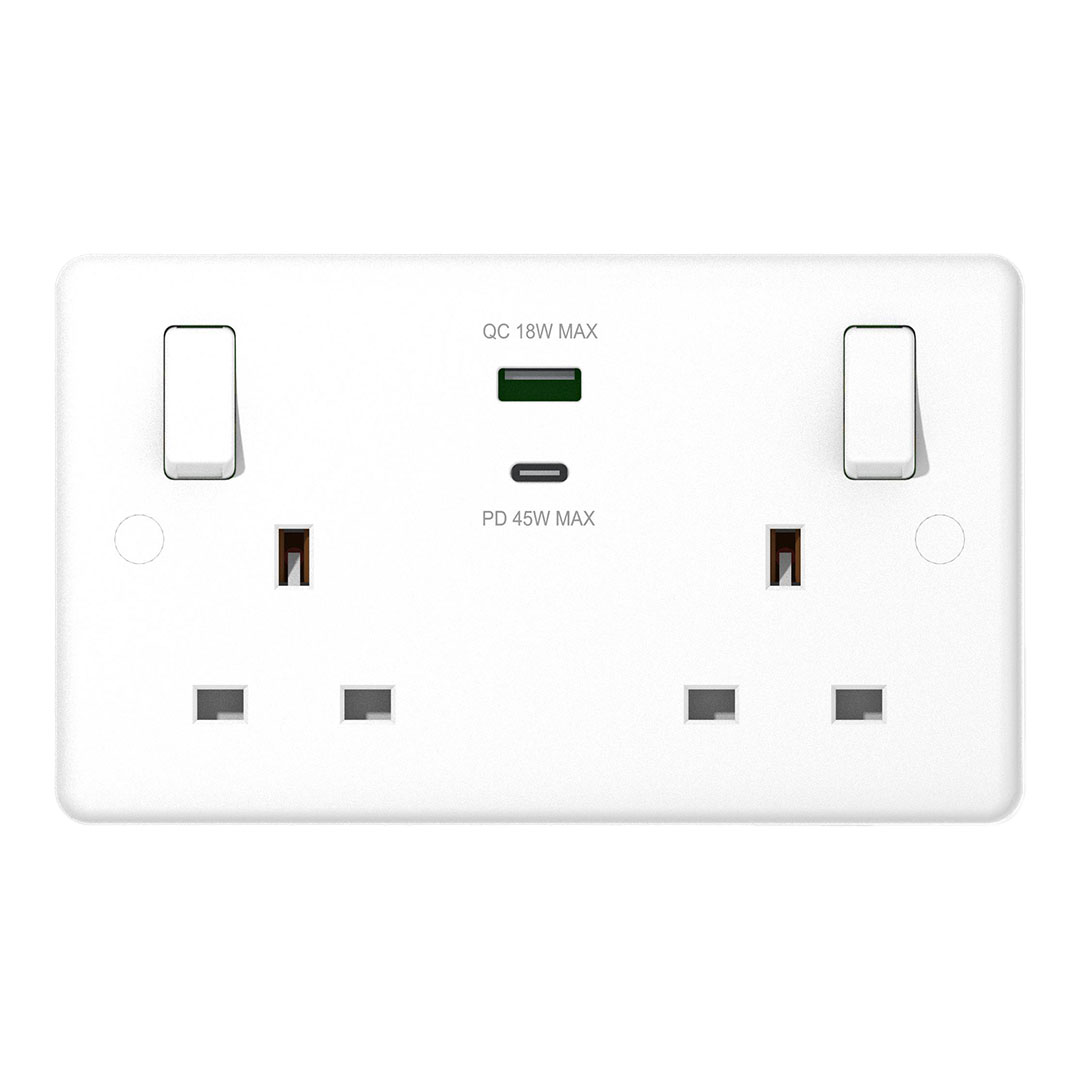 POWERLINK ACCESSORIES 13A SP 2-GANG SWITCHED SOCKET WITH USB-C 45W PD FAST CHARGE + USB-A 18W QC WH