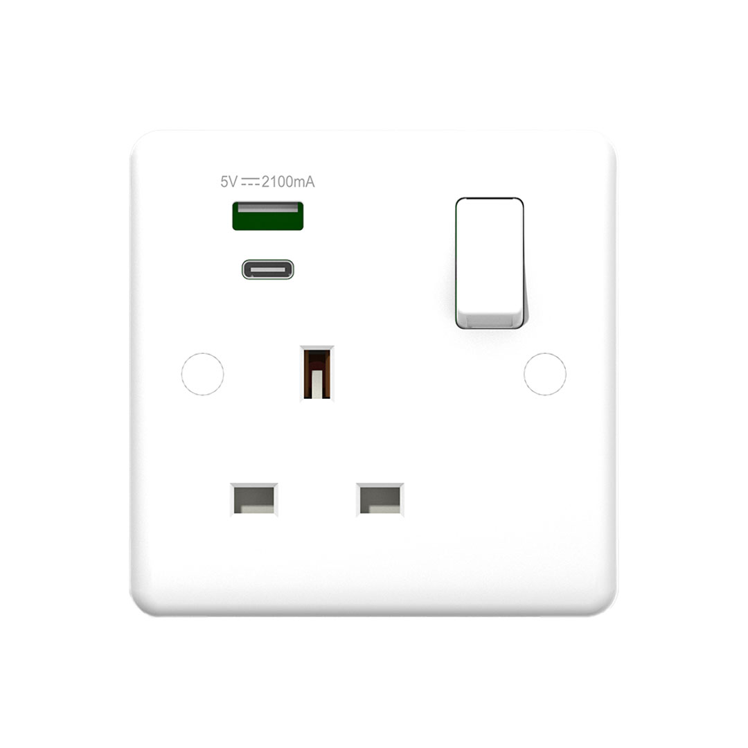 POWERLINK ACCESSORIES 13A SP 1-GANG SWITCHED SOCKET WITH DUAL USB CHARGER TYPE-A & TYPE-C WHITE