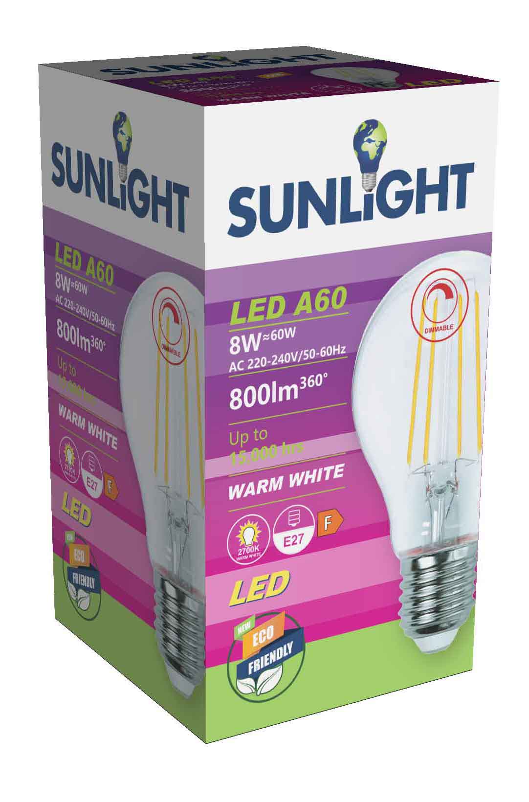SUNLIGHT 'FILAMENT' LED 8W A60 LAMP E27 800LM 2700K CLEAR DIMMABLE