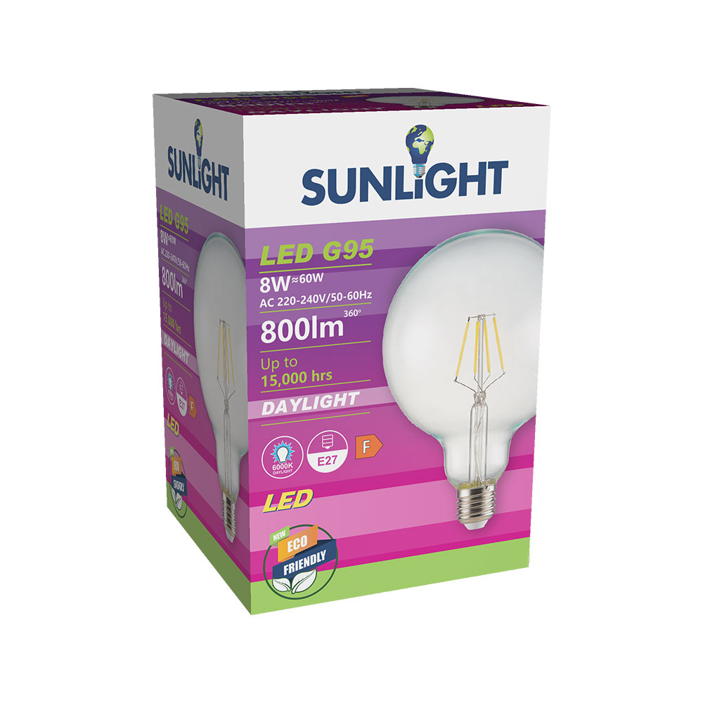 SUNLIGHT 'FILAMENT' LED 8W G95 LAMP E27 800LM 6000K CLEAR